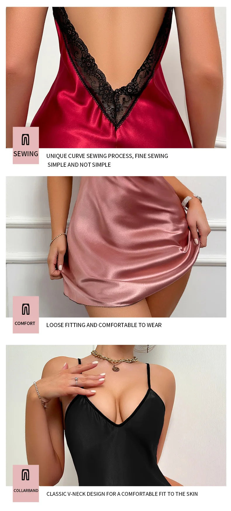 Sexy Female Lingerie Nightgown Patchwork Lace Backless Spaghetti Strap Nightdress Sleepwear Silky Satin Lounge Wear Home Dress