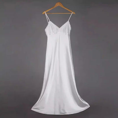 Silk Long Nightgown Spaghetti Strap Sleepdress Lace Sexy V Neck Sleepdress For Women Solid Long Nightdress Lady Sexy Lingerie