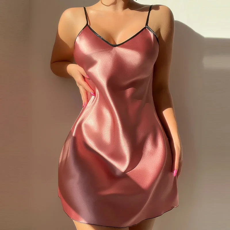 Sexy Female Lingerie Nightgown Patchwork Lace Backless Spaghetti Strap Nightdress Sleepwear Silky Satin Lounge Wear Home Dress