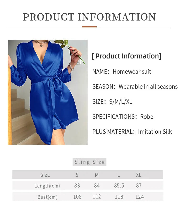 Pajamas women summer European and American ladies lace-up bathrobe sexy morning gown home dress can wear ice silk robe