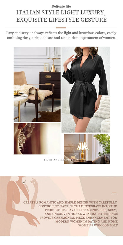 Pajamas women summer European and American ladies lace-up bathrobe sexy morning gown home dress can wear ice silk robe