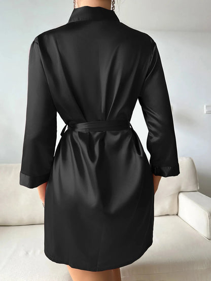 Pajamas women summer European and American ladies lace-up bathrobe sexy morning gown home dress can wear ice silk robe