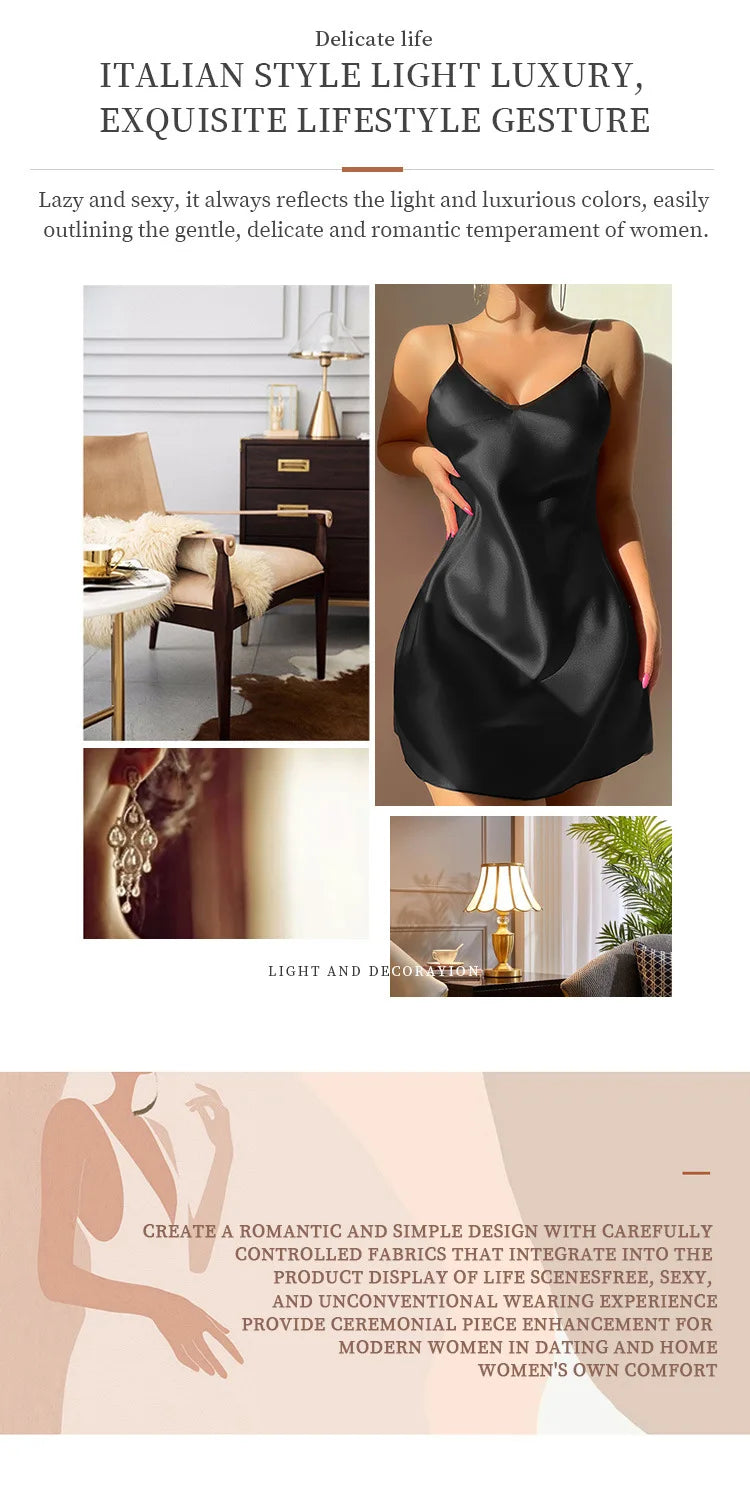 Sexy Female Lingerie Nightgown Patchwork Lace Backless Spaghetti Strap Nightdress Sleepwear Silky Satin Lounge Wear Home Dress
