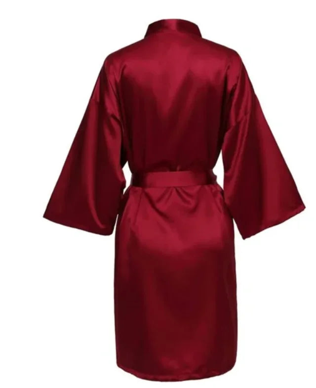 Solid Satin Night Robe, Elegant Half Sleeve V Neck House Robe With Belt, Women's Sleepwear