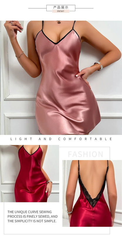 Sexy Female Lingerie Nightgown Patchwork Lace Backless Spaghetti Strap Nightdress Sleepwear Silky Satin Lounge Wear Home Dress