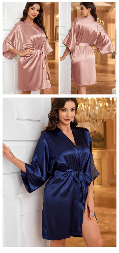 Women's Short Kimono Robe Silky Satin Bathrobe Bride Bridesmaids Getting Ready Sleepwear Soft Nightgown