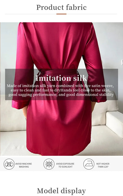 Pajamas women summer European and American ladies lace-up bathrobe sexy morning gown home dress can wear ice silk robe