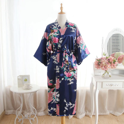 Hot Sale Blue Female Silk Rayon Robes Gown Kimono Yukata Chinese Women Sexy Lingerie Sleepwear Plus Size S M L XL XXL XXXL A-046