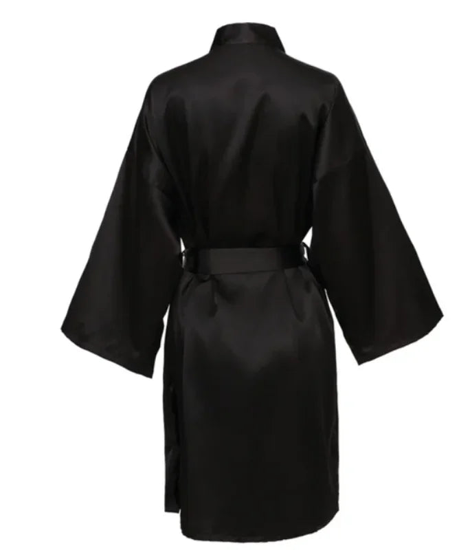 Solid Satin Night Robe, Elegant Half Sleeve V Neck House Robe With Belt, Women's Sleepwear