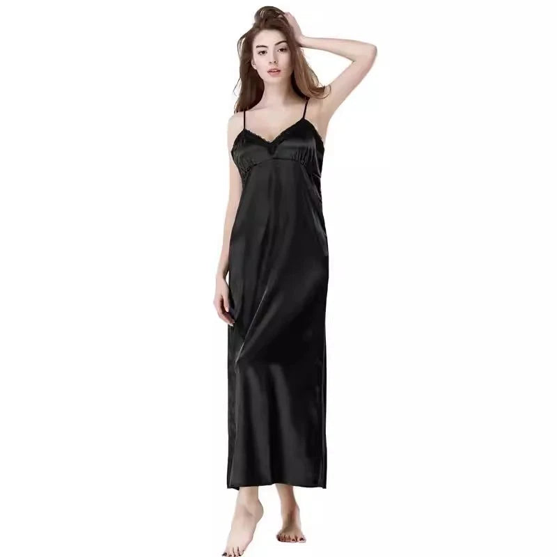 Silk Long Nightgown Spaghetti Strap Sleepdress Lace Sexy V Neck Sleepdress For Women Solid Long Nightdress Lady Sexy Lingerie