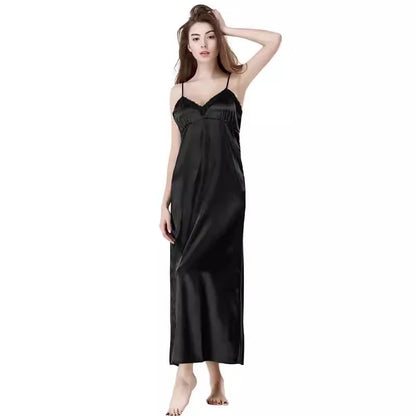 Silk Long Nightgown Spaghetti Strap Sleepdress Lace Sexy V Neck Sleepdress For Women Solid Long Nightdress Lady Sexy Lingerie