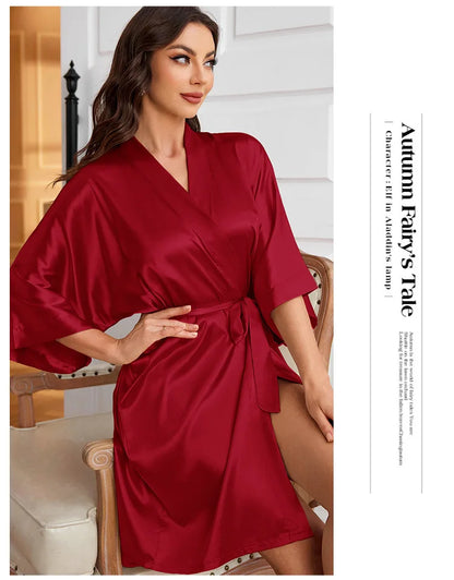 Women's Short Kimono Robe Silky Satin Bathrobe Bride Bridesmaids Getting Ready Sleepwear Soft Nightgown