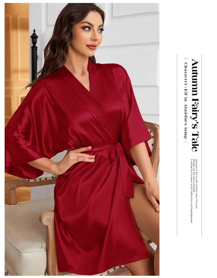 Pajamas women summer European and American ladies lace-up bathrobe sexy morning gown home dress can wear ice silk robe