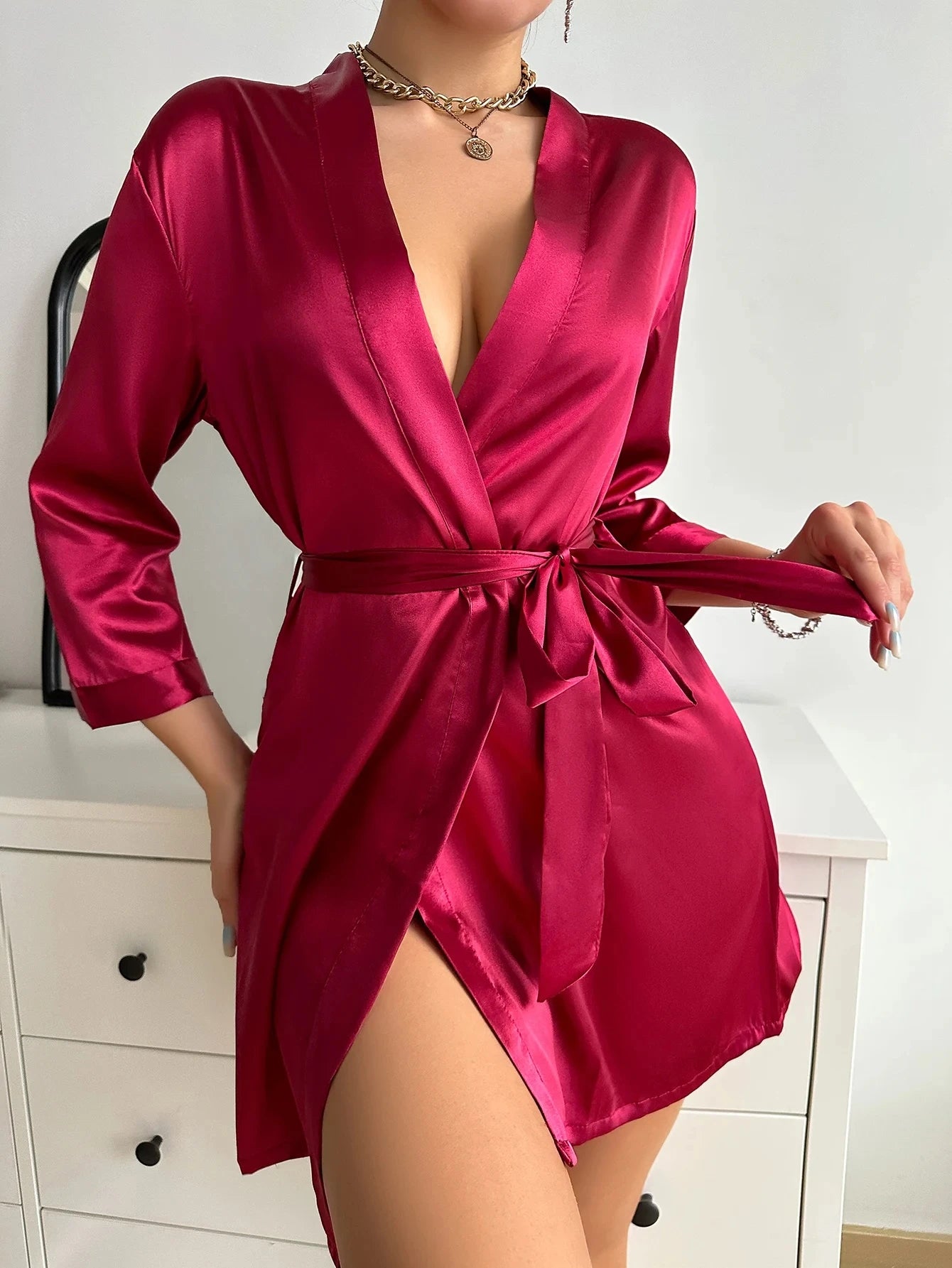 Pajamas women summer European and American ladies lace-up bathrobe sexy morning gown home dress can wear ice silk robe