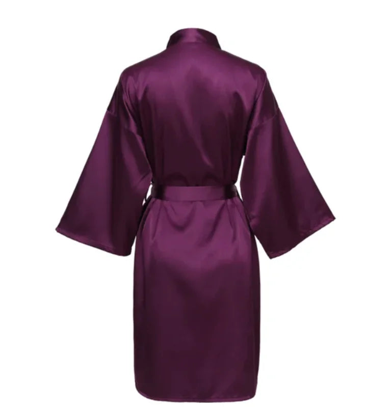 Solid Satin Night Robe, Elegant Half Sleeve V Neck House Robe With Belt, Women's Sleepwear