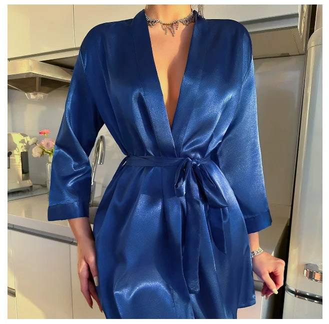 Pajamas women summer European and American ladies lace-up bathrobe sexy morning gown home dress can wear ice silk robe