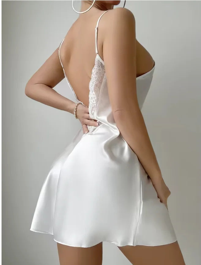 Sexy Female Lingerie Nightgown Patchwork Lace Backless Spaghetti Strap Nightdress Sleepwear Silky Satin Lounge Wear Home Dress