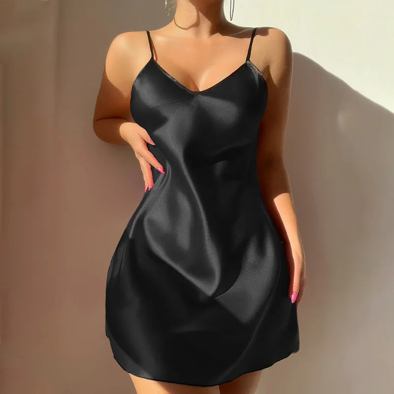 Sexy Female Lingerie Nightgown Patchwork Lace Backless Spaghetti Strap Nightdress Sleepwear Silky Satin Lounge Wear Home Dress