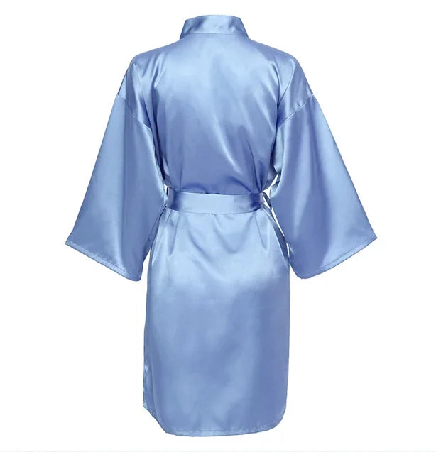 Solid Satin Night Robe, Elegant Half Sleeve V Neck House Robe With Belt, Women's Sleepwear