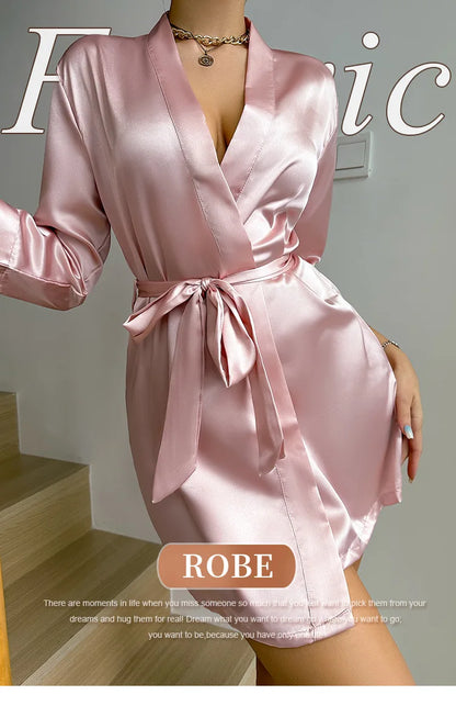 Pajamas women summer European and American ladies lace-up bathrobe sexy morning gown home dress can wear ice silk robe
