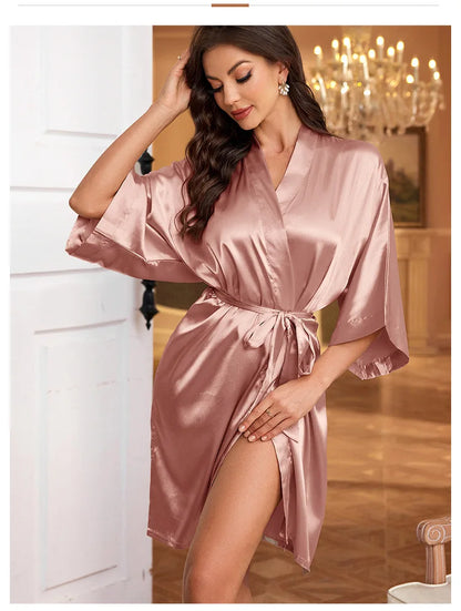 Pajamas women summer European and American ladies lace-up bathrobe sexy morning gown home dress can wear ice silk robe